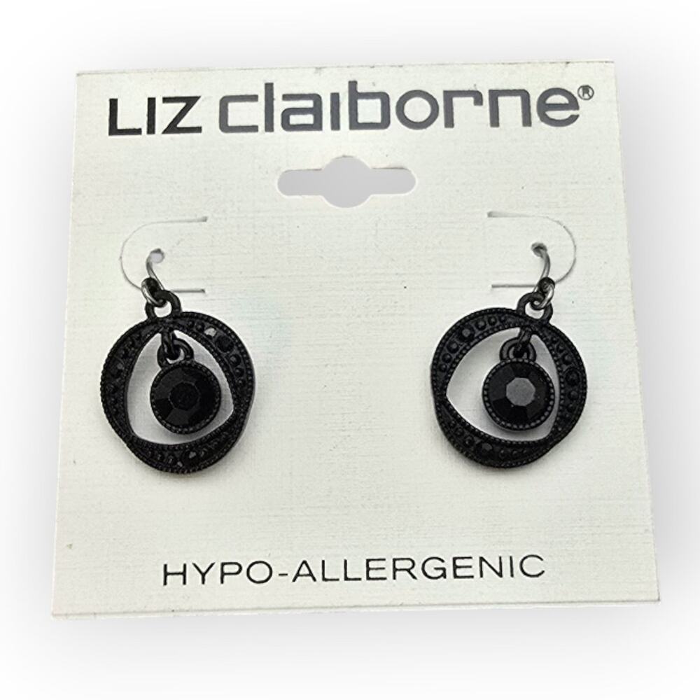 Black Art Deco Circle Drop Earrings Liz Claiborne Hypoallergenic Dangle Earrings
